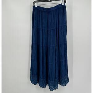 Bobbie Brooks Womens Maxi Skirt XL Navy Tiered Boho Crochet‎ Trim Flowy Cottage